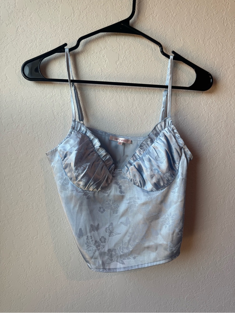 Light Blue Satin Floral & Butterfly Cami with Ruching